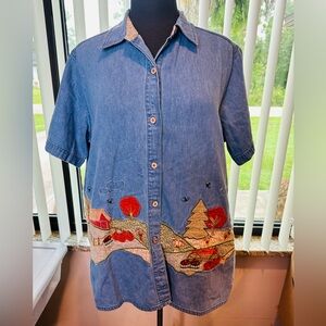 Bobbie Brooks Vintage Top Farmland Appliqué Pumpkin Denim Shirt Sz 14/16Woman